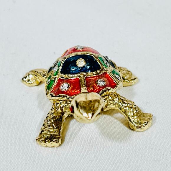 Turtle Shaped Ceramic Hinged Trinket Box Porcelain Crystals Gold Tone Multicolor - Picture 3 of 9